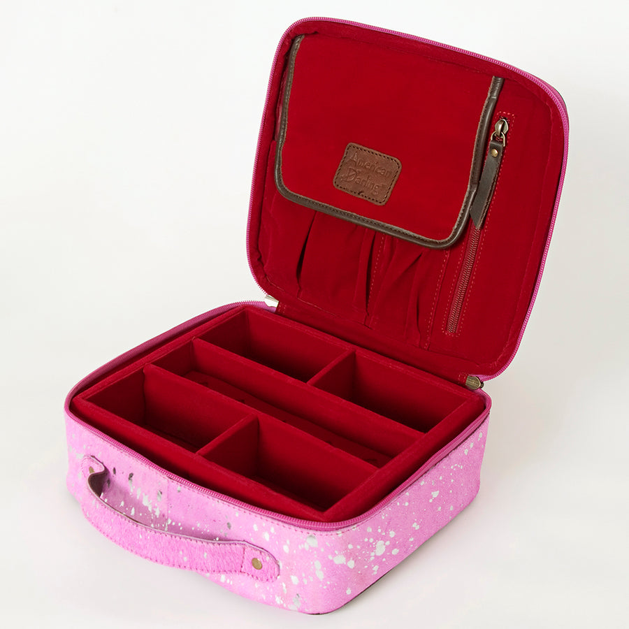 American Darling Genuine Leather Jewelry Case for Women Hair-On Cowhide Travel Organizer Box with Top Handle & YKK Zipper