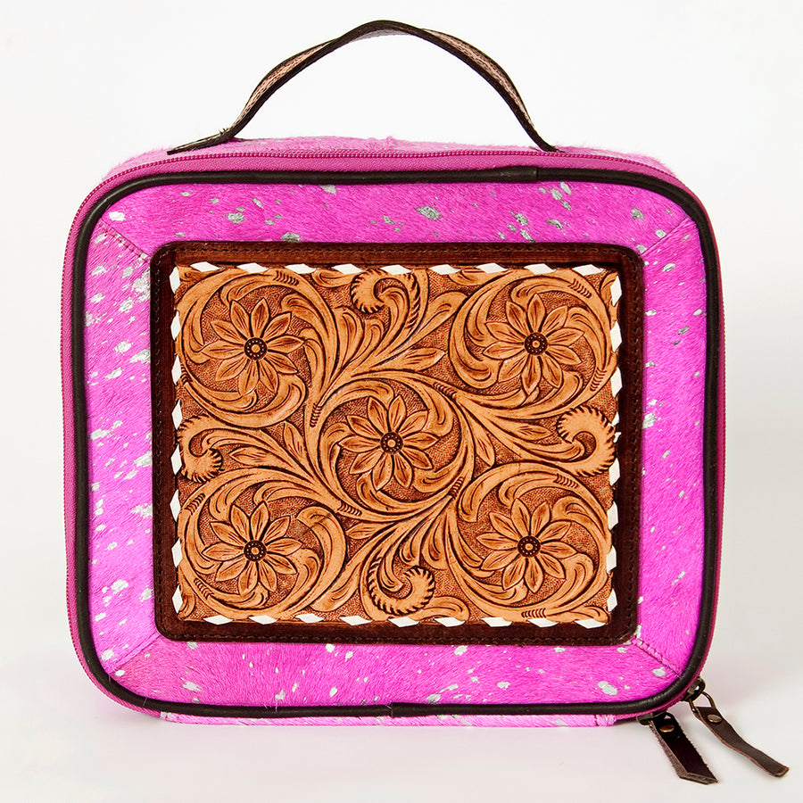 American Darling Genuine Leather Jewelry Case Hair-On Cowhide Floral Carved Tooled Travel Organizer Box with YKK Zipper