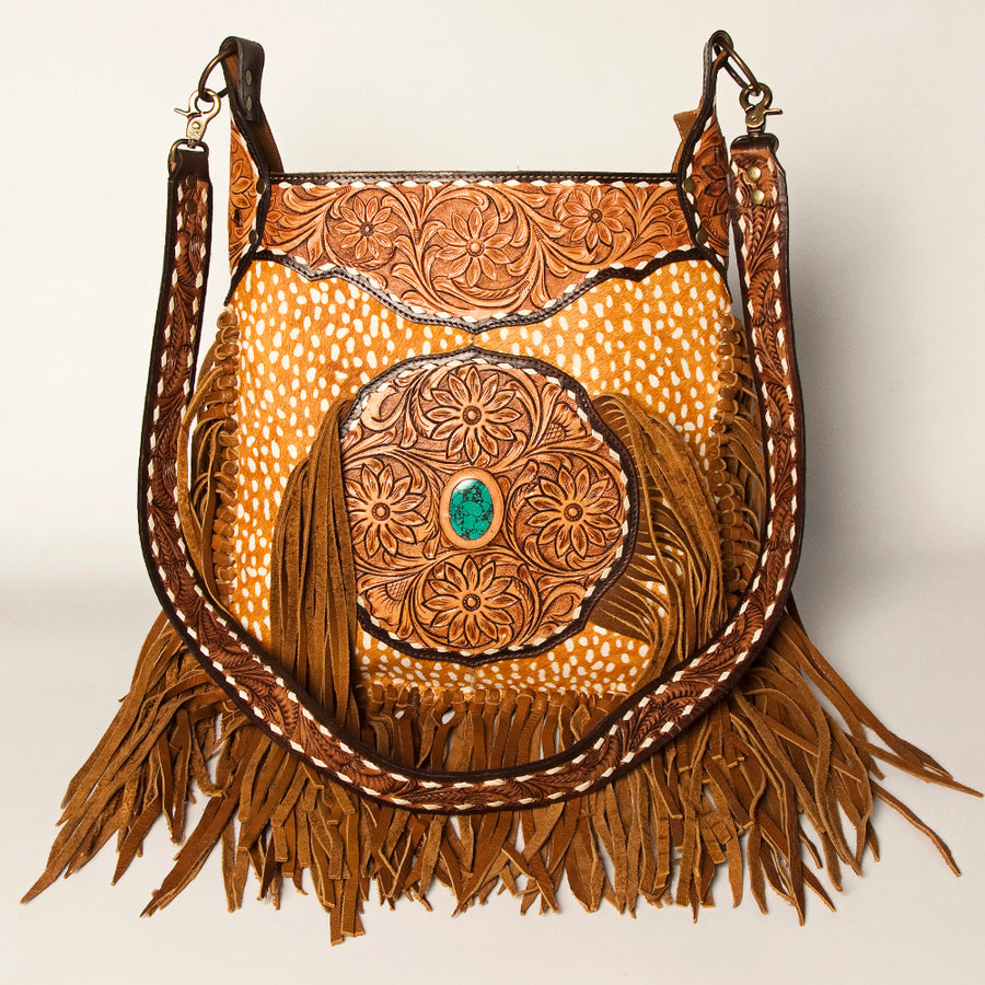 American Darling Hand Tooled Genuine Leather Large Cross Body Bag Women's Floral Carved Purse with Turquoise Concho & Fringes