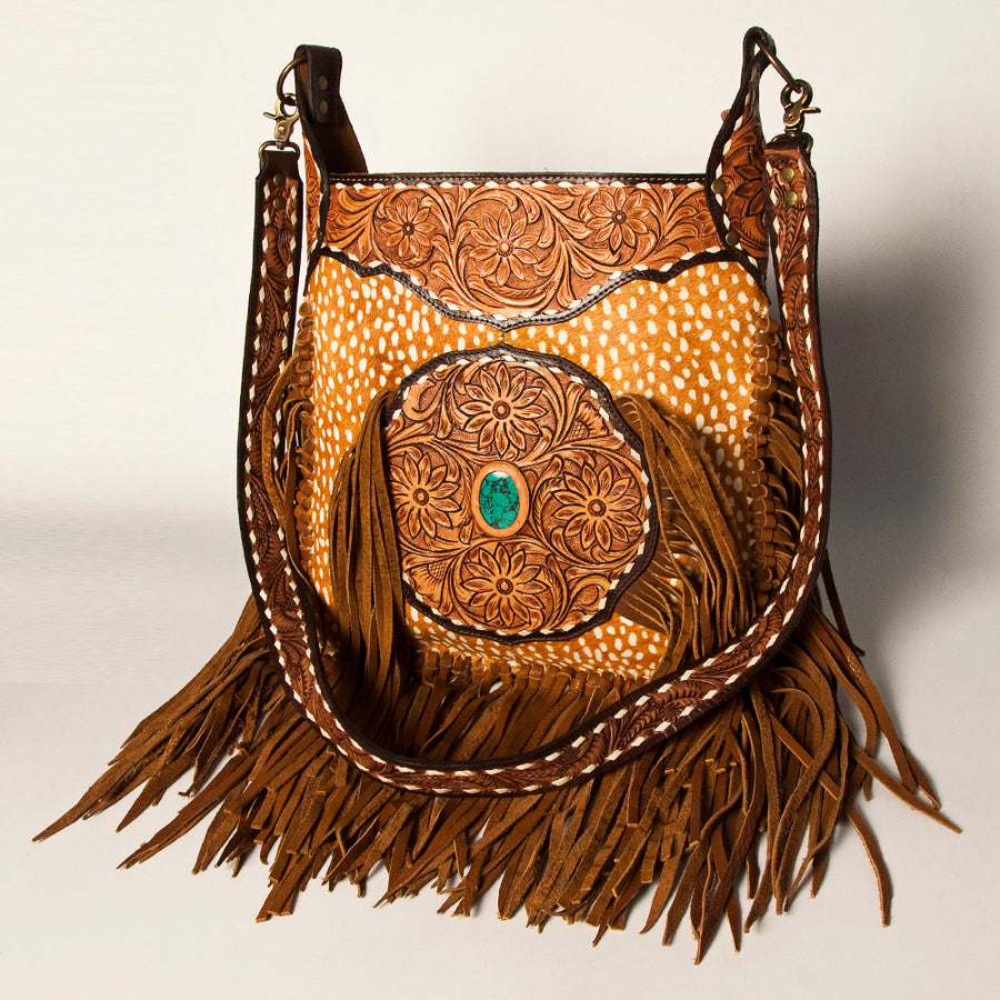 American Darling Hand Tooled Hair-On Cowhide Large Cross body Bag Fringe - Uhorse