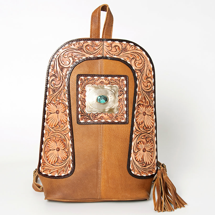 American Darling Hand Tooled Genuine Leather Backpack Women's Floral Carved Western Bag with Turquoise Concho & YKK Zipper