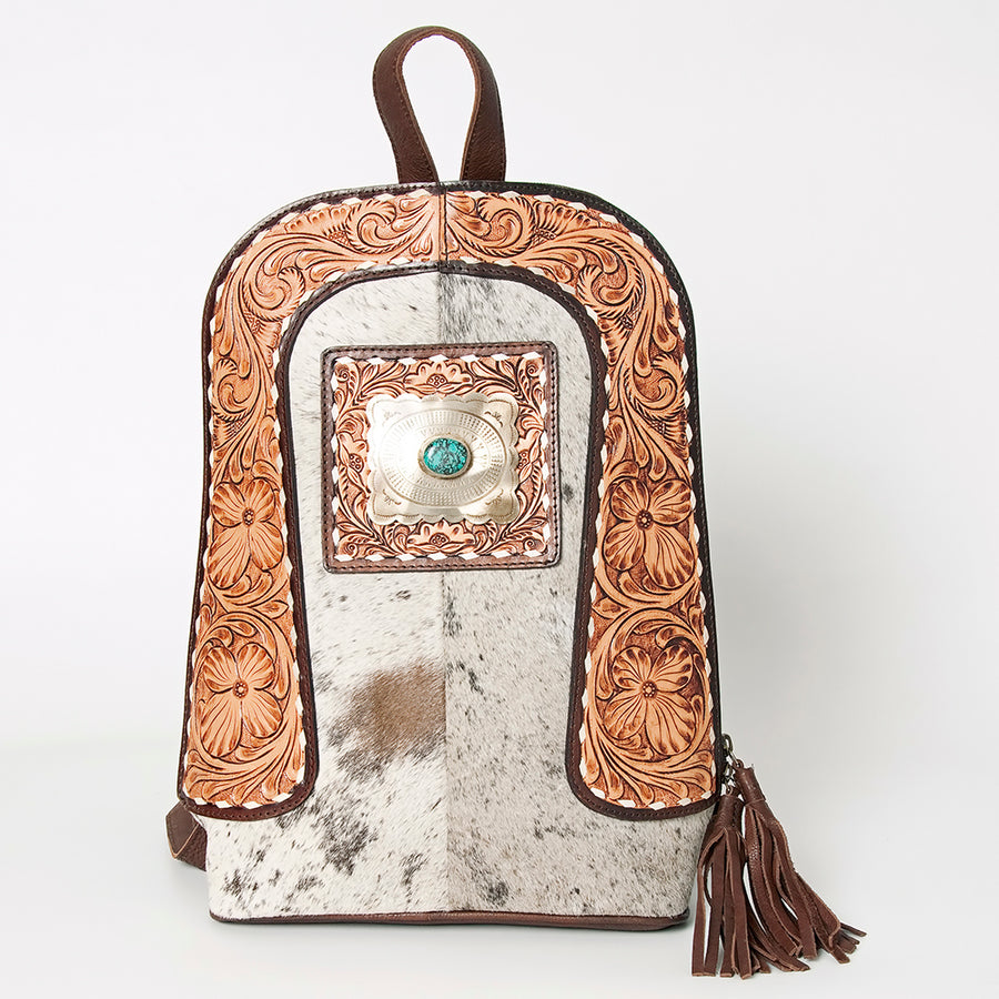 American Darling Hand Tooled Genuine Leather Backpack Women's Floral Carved Western Bag with Turquoise Concho & YKK Zipper