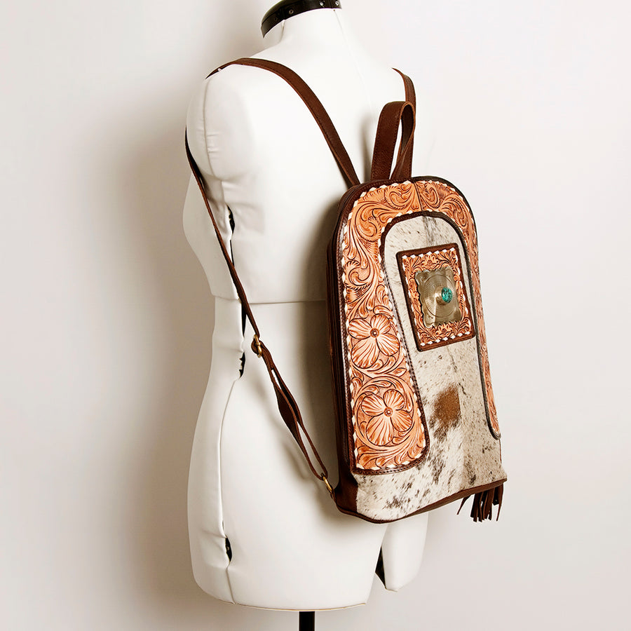 American Darling Hand Tooled Genuine Leather Backpack Women's Floral Carved Western Bag with Turquoise Concho & YKK Zipper