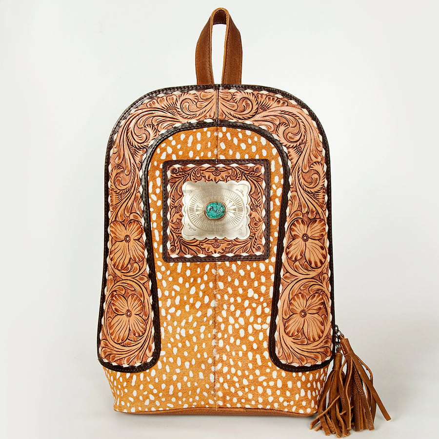 American Darling Hand Tooled Genuine Leather Backpack Women's Floral Carved Western Bag with Turquoise Concho & YKK Zipper