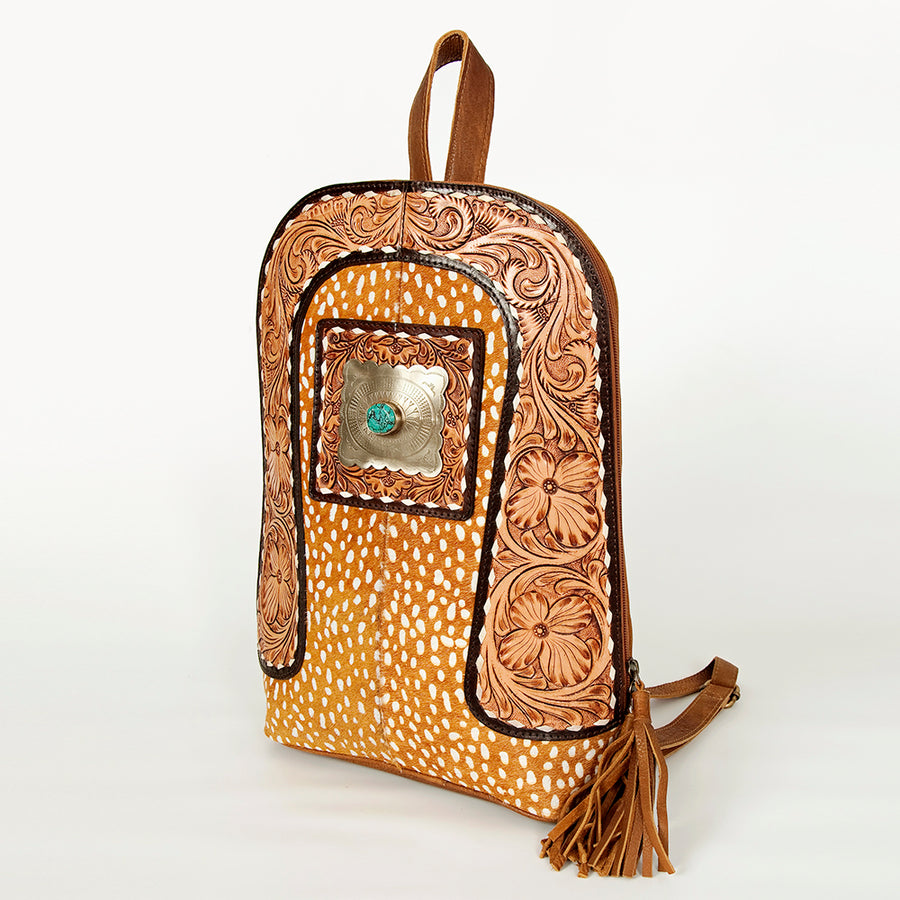 American Darling Hair-On Cowhide Backpack Hand Tooled Floral Carved - Uhorse