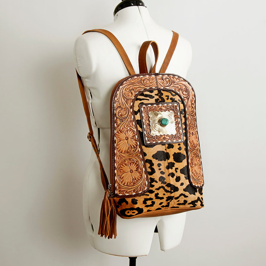 American Darling Hand Tooled Genuine Leather Backpack Women's Floral Carved Western Bag with Turquoise Concho & YKK Zipper