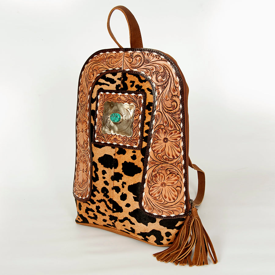 American Darling Hair-On Cowhide Backpack Hand Tooled Floral Carved - Uhorse