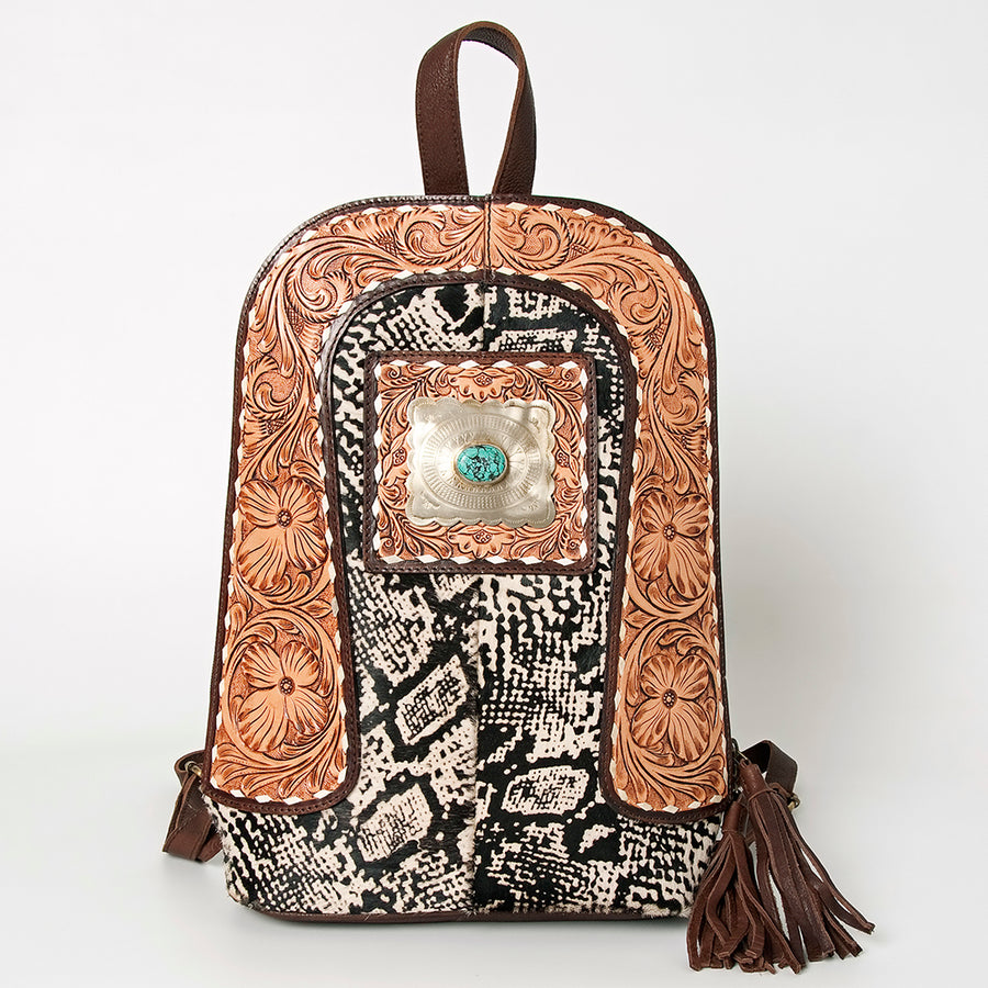American Darling Hand Tooled Genuine Leather Backpack Women's Floral Carved Western Bag with Turquoise Concho & YKK Zipper