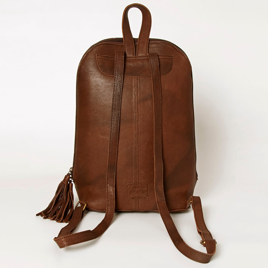 American Darling Hand Tooled Genuine Leather Backpack Women's Floral Carved Western Bag with Turquoise Concho & YKK Zipper