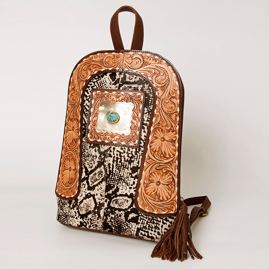 American Darling Hair-On Cowhide Backpack Hand Tooled Floral Carved - Hilason