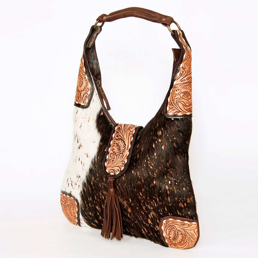 American Darling Hair-on Cowhide Hobo Bag Hand Tooled Genuine Leather - Hilason