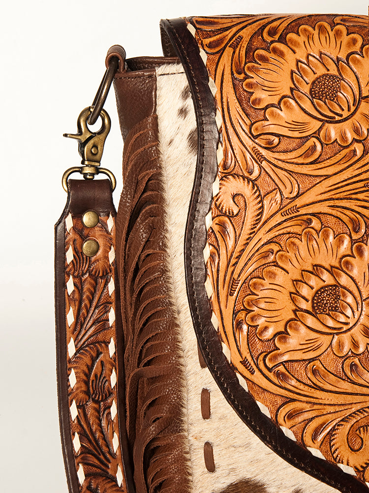 American Darling Hand Tooled Floral Carved Messenger Bag with Fringes Hair-on Cowhide Vegetable-Tanned Genuine Leather YKK Zipper