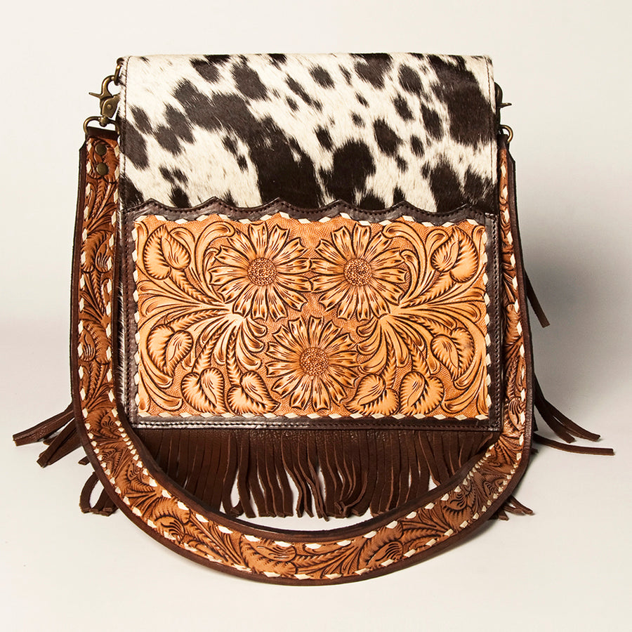American Darling Hand Tooled Floral Carved Messenger Bag with Fringes Hair-On Cowhide Vegetable-Tanned Genuine Leather YKK Zipper