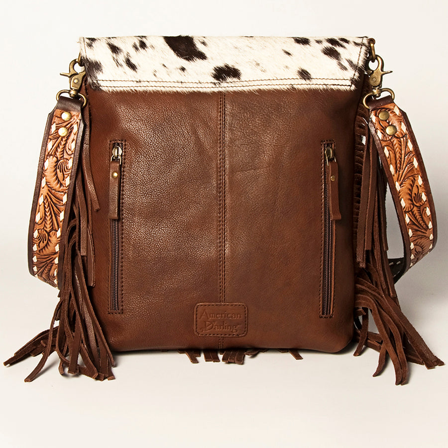 American Darling Hand Tooled Floral Carved Messenger Bag with Fringes Hair-On Cowhide Vegetable-Tanned Genuine Leather YKK Zipper