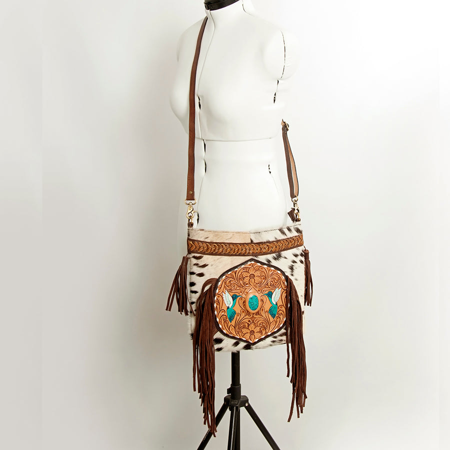 American Darling Women's Large Cross body Bag Hair-On Cowhide Hand Tooled Fringes Braided Genuine Leather YKK Zipper
