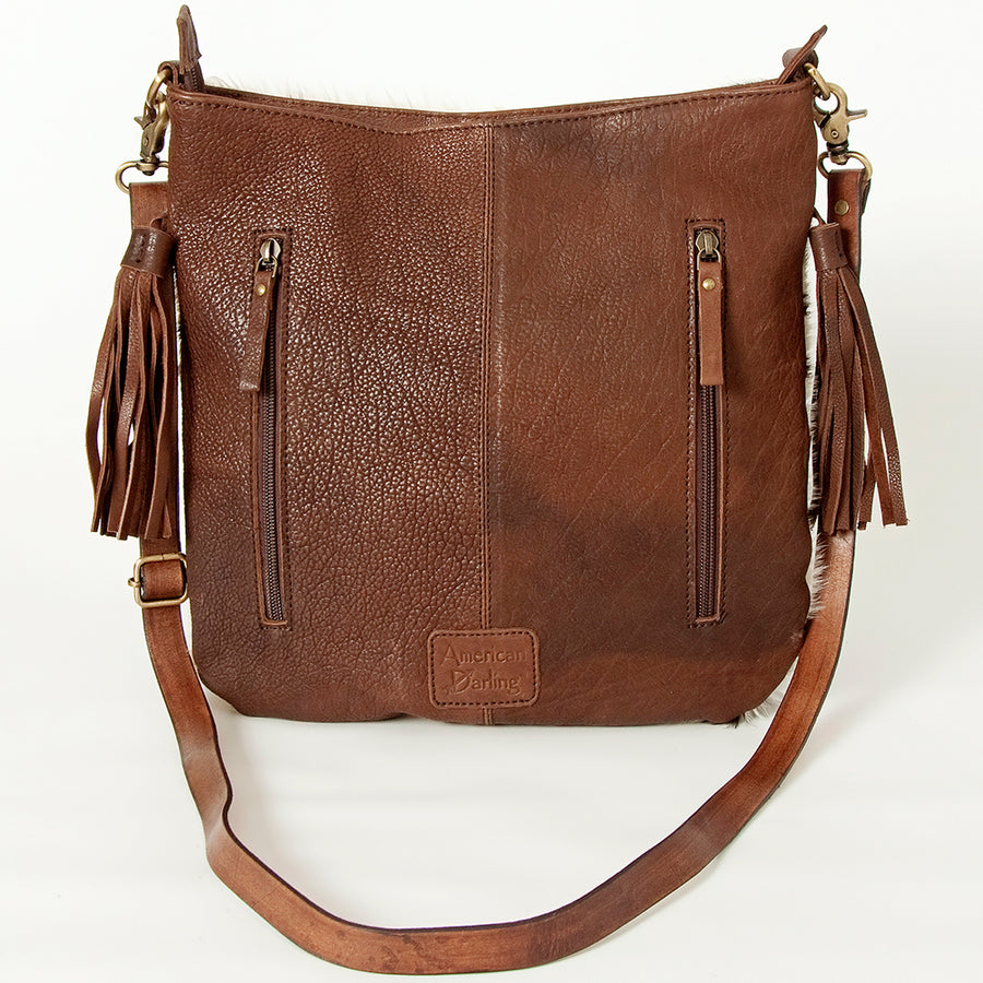 American Darling Women's Large Cross body Bag Hair-On Cowhide Hand Tooled Fringes Braided Genuine Leather YKK Zipper