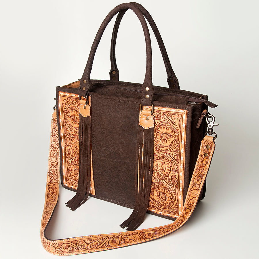 American Darling Western Leather Tote Bag - Hand Tooled Floral Carved Damascus Purse - Uhorse