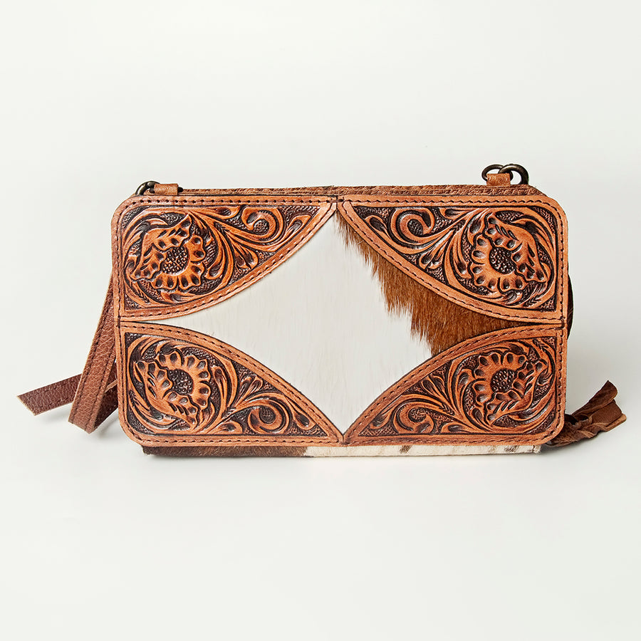 American Darling Wallet, Hand Tooled Floral Leather & Hair-On Cowhide, Genuine Full Grain Western Crossbody Wallet, 5x9x1.5in