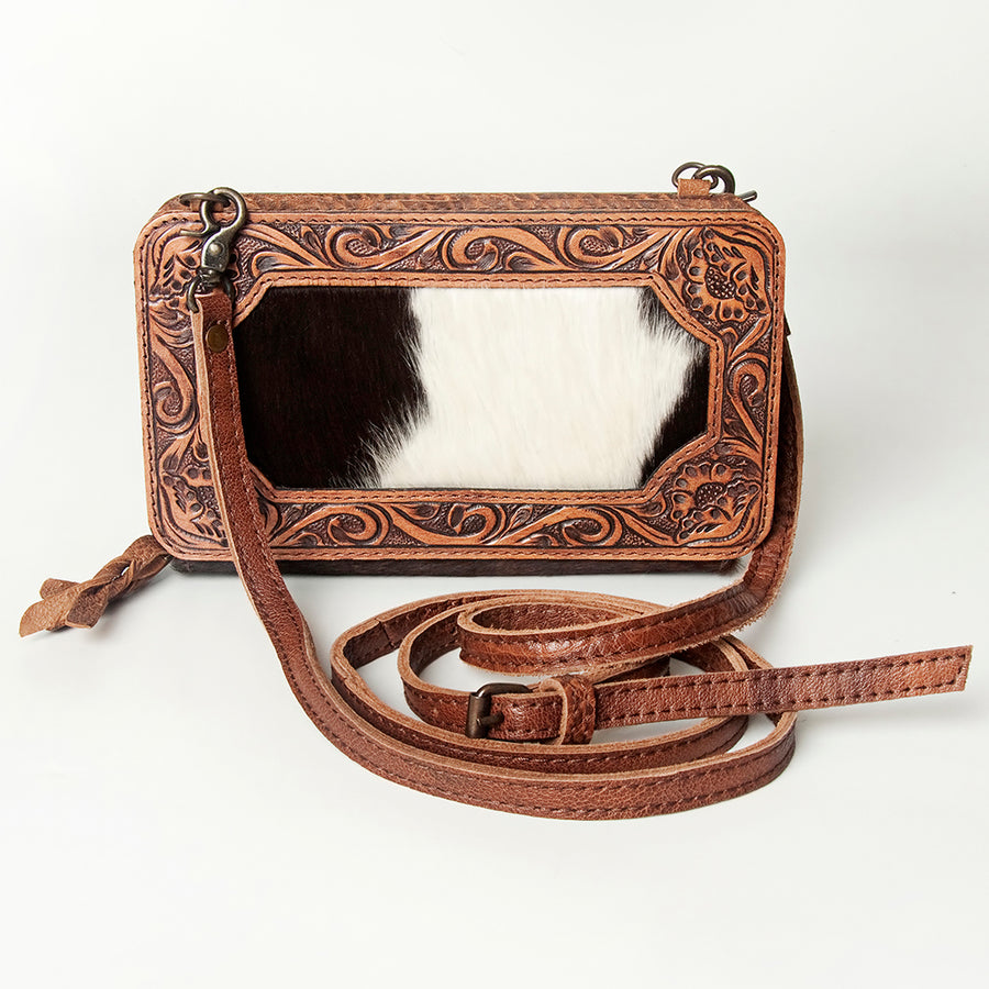 American Darling Wallet, Hand Tooled Floral Leather & Hair-On Cowhide, Genuine Full Grain Leather Western Clutch, 5x9x1.5in