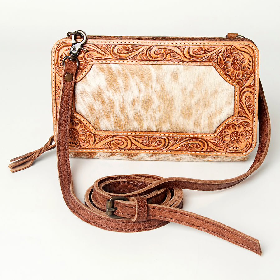 American Darling Small Cross body Bag, Hand Tooled Floral Leather & Hair-On Cowhide, Genuine Full Grain Western Purse