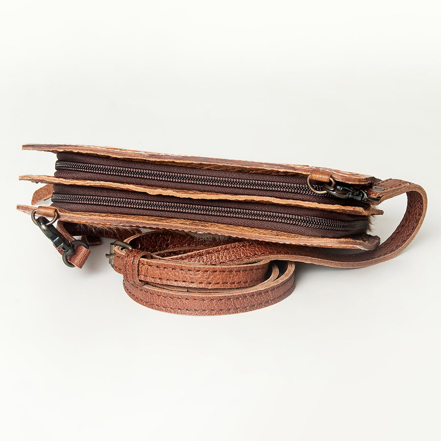 American Darling Small Cross body Bag, Hand Tooled Floral Leather & Hair-On Cowhide, Genuine Full Grain Western Purse