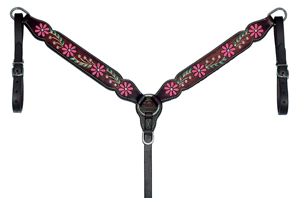 Bar H Equine Horse Leather Floral Hand Painted Breast Collar Brown