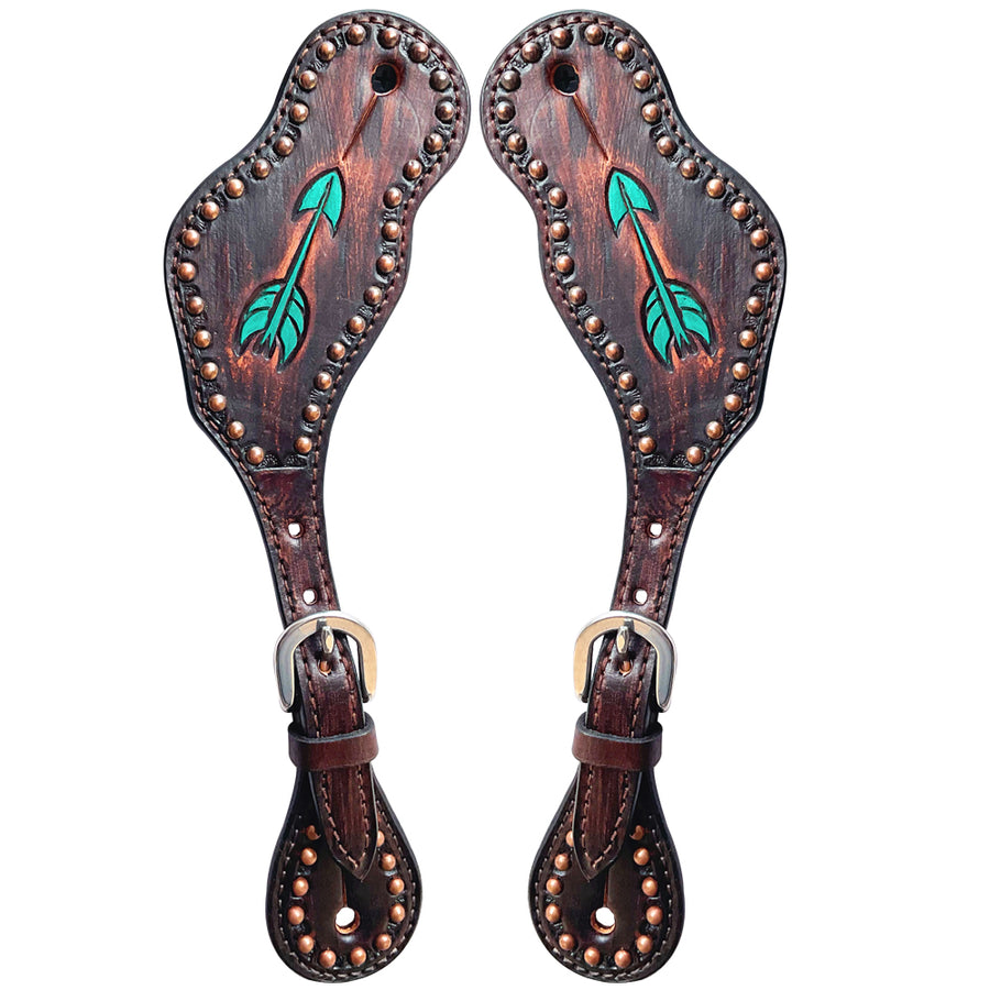 Leather spur straps with turquoise arrow tooling - Uhorse