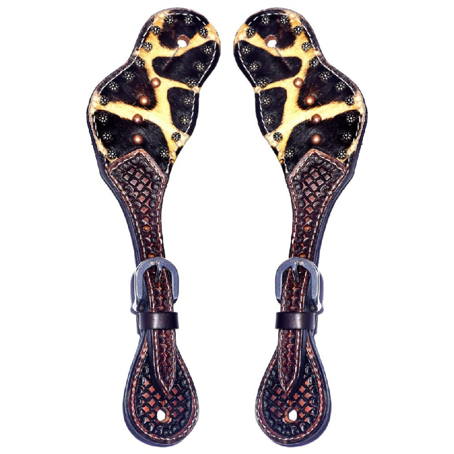 Leather spur straps with tooled design and brass conchos - Uhorse