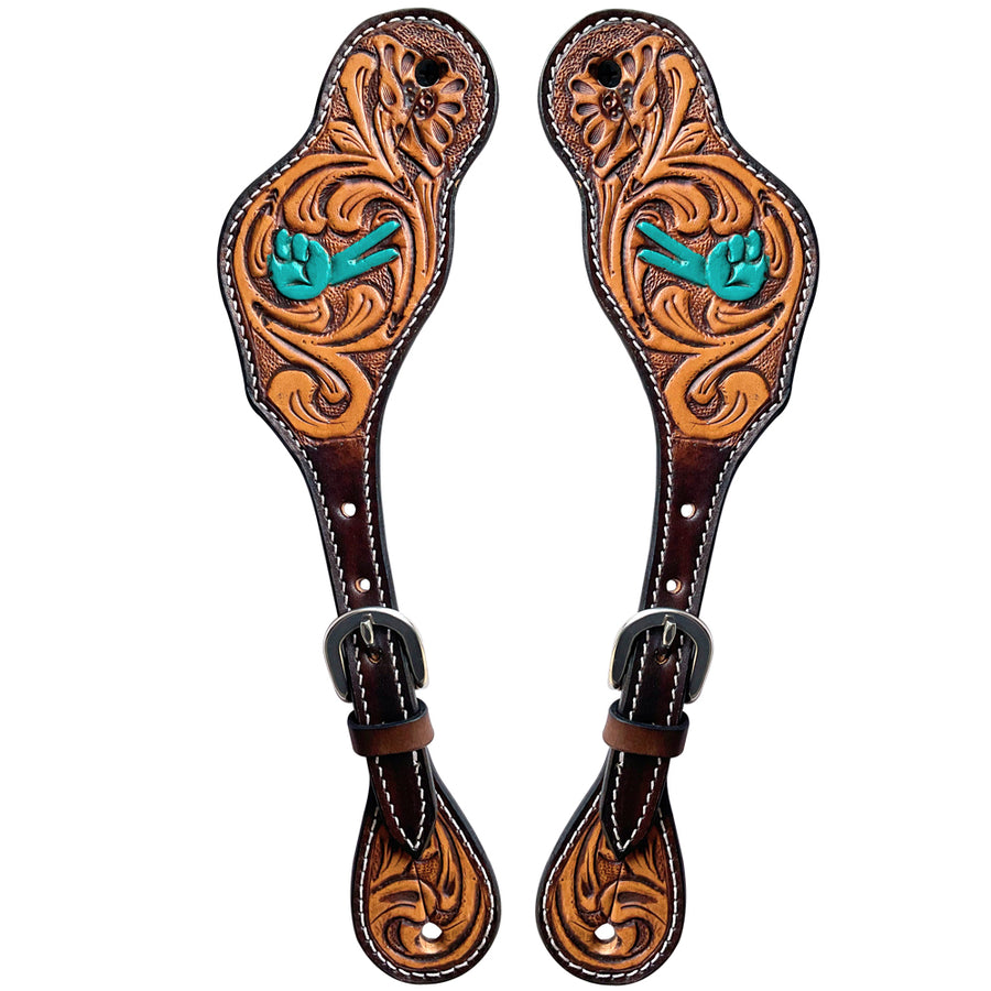 Leather spur straps with turquoise inlay and tooling - Uhorse
