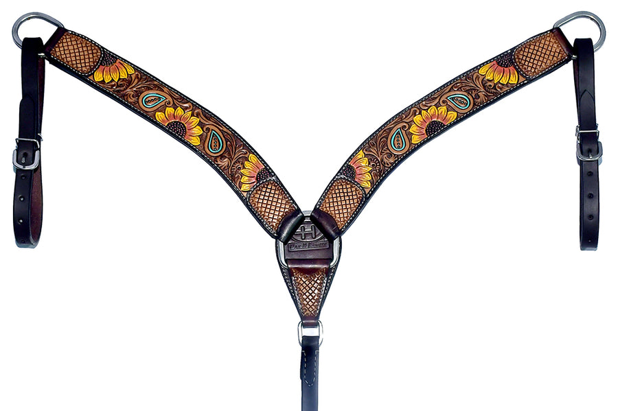 Bar H Equine Bonnie Blossom Sunflower Leather One Ear Headstall Breast Collar Wither Strap Set