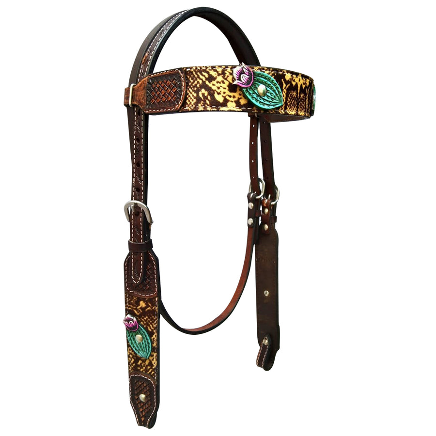 Bar H Equine Hand Tooled Leather Stainless Steel Hardware Headstall Brown - Uhorse