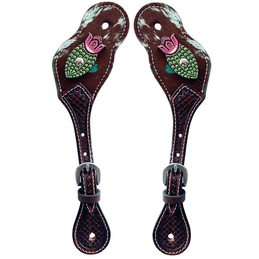 Burgundy leather spur straps with embroidered floral design - Uhorse