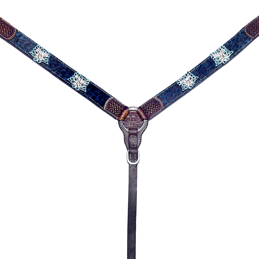 Navy and white breast collar with leather and tooling detail - Uhorse