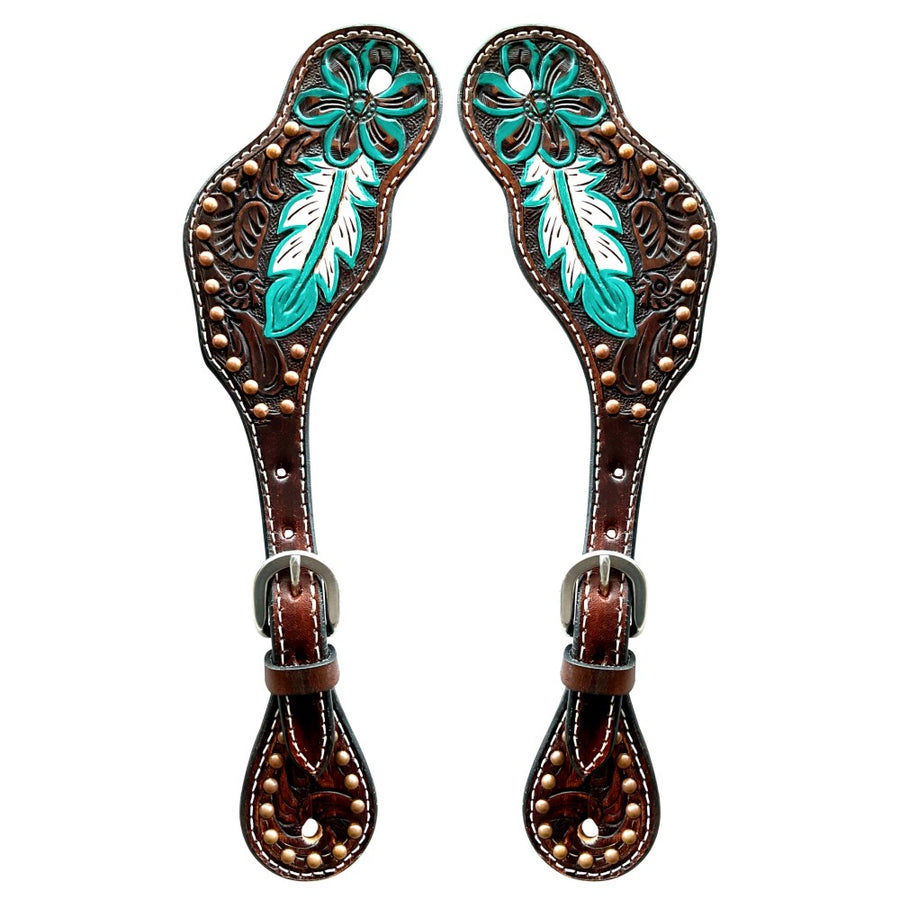 Leather spur straps with turquoise inlay and tooling - Uhorse