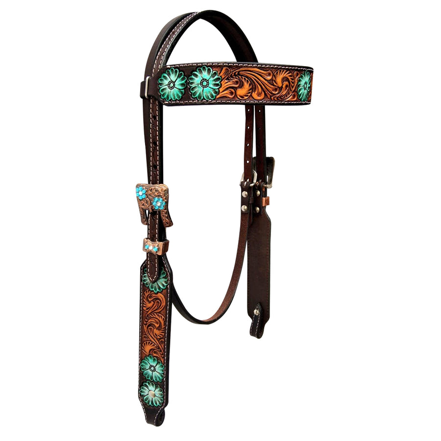 Brown leather headstall with turquoise floral tooling - Bar H Equine