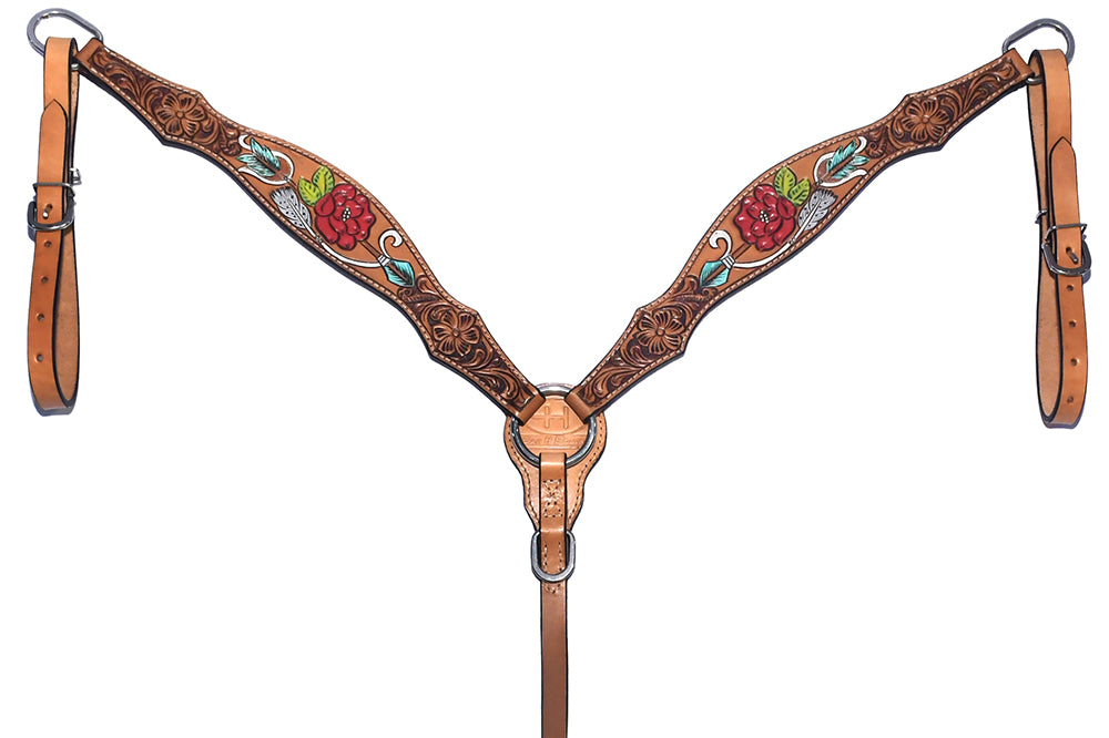 Bar H Equine Western Horse Genuine Leather Floral Design Hand Painted Breast Collar Tan