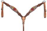Bar H Equine Western Horse Genuine Leather Floral Design Hand Painted Breast Collar Tan