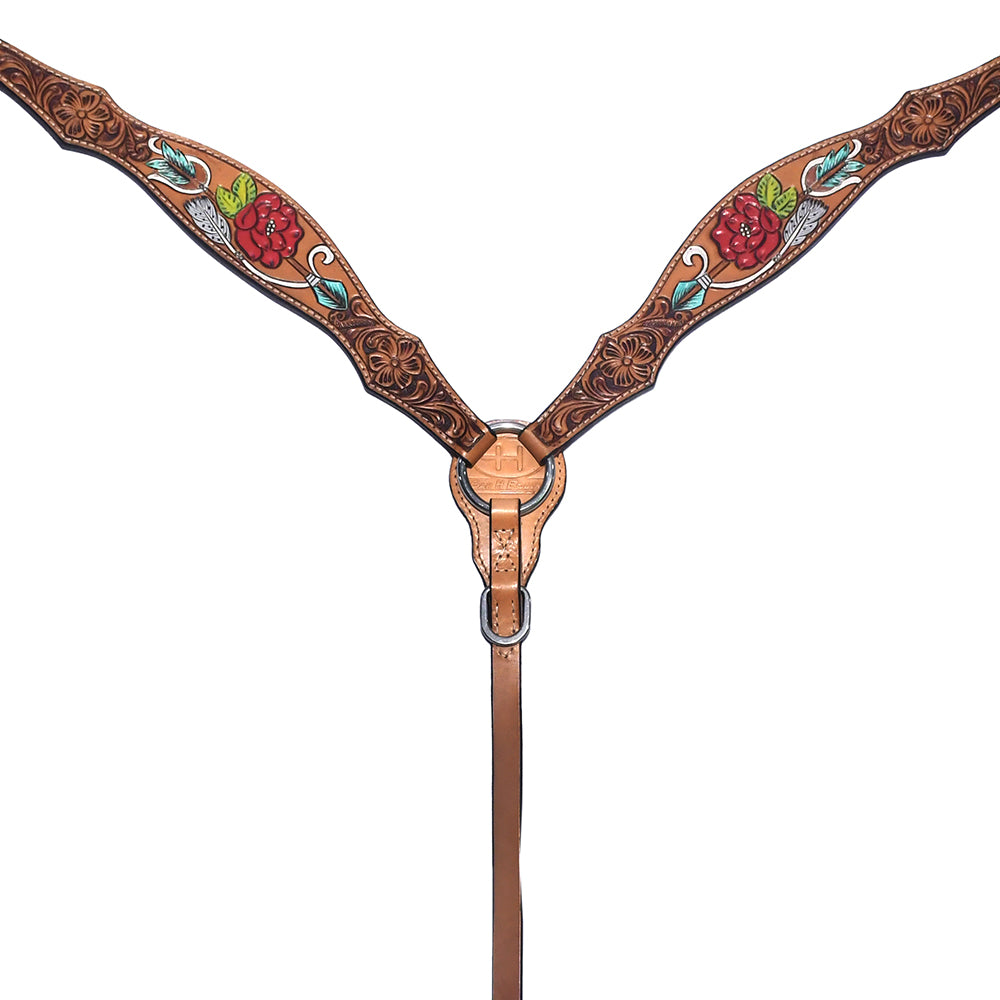 Bar H Equine Western Horse Genuine Leather Floral Design Hand Painted Breast Collar Tan