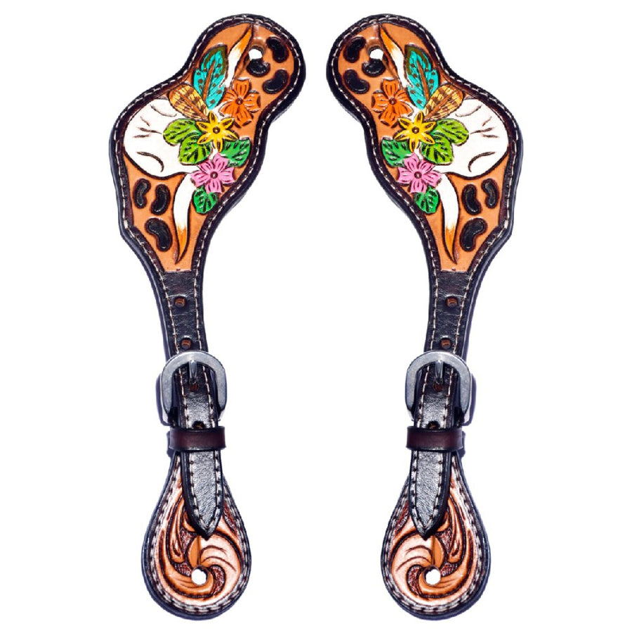 Leather spur straps with floral tooling and leopard print - Uhorse