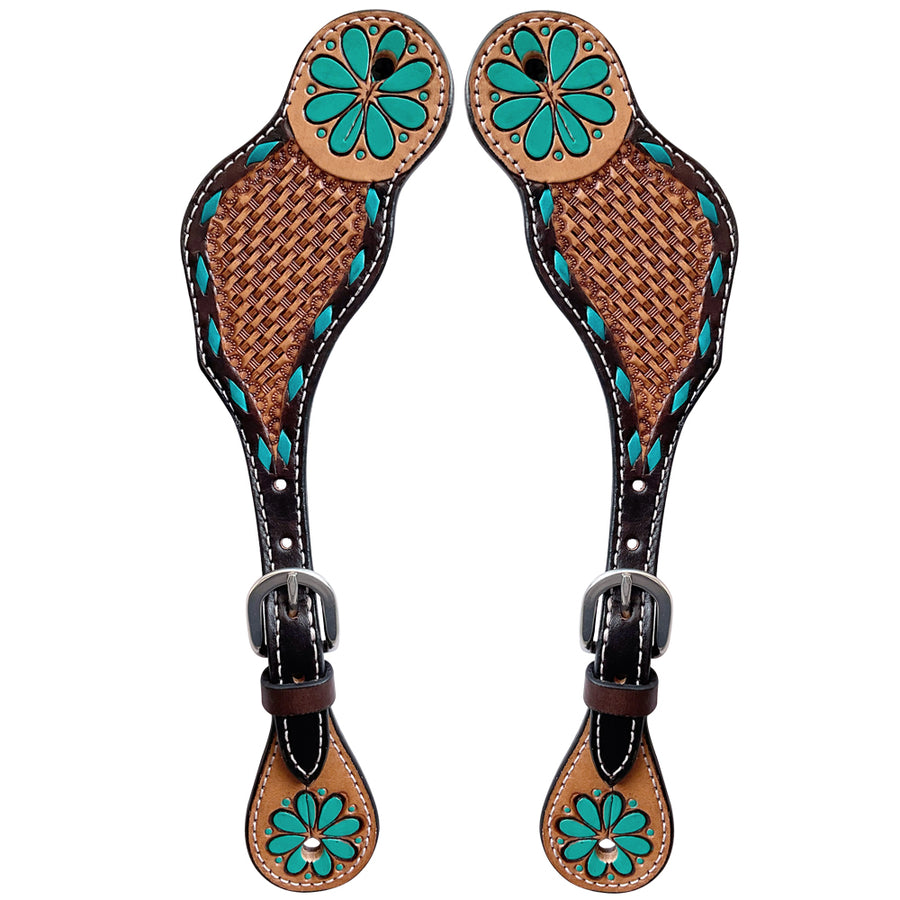 Leather spur straps with turquoise floral tooling - Uhorse