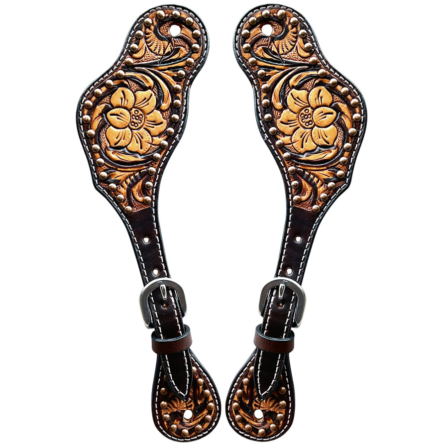 Leather spur straps with tooled floral design - Uhorse
