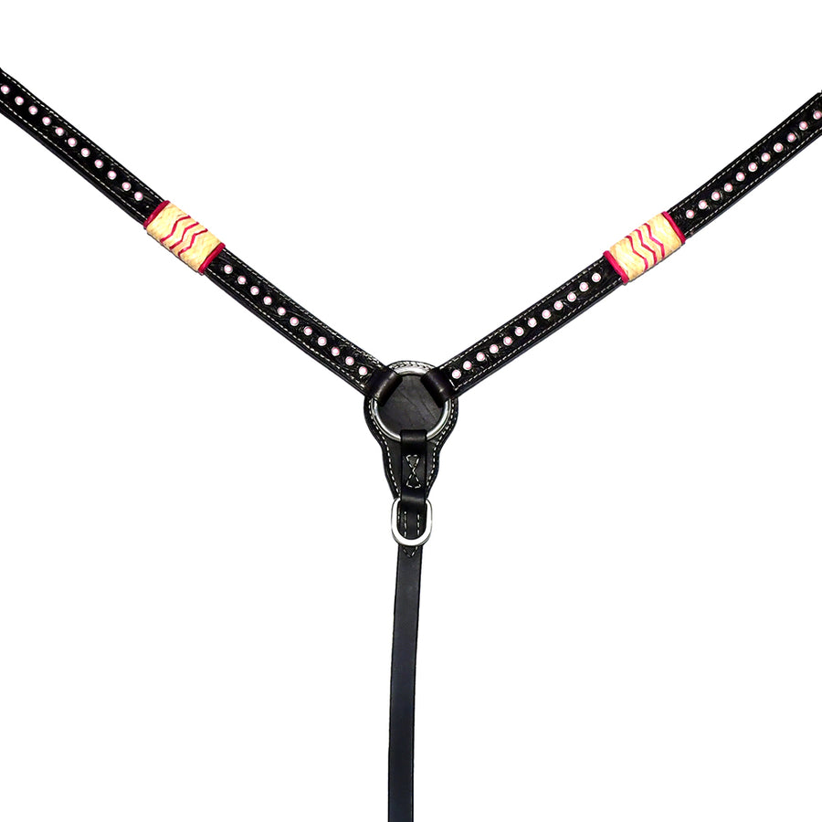 Black leather breast collar with studded detail and red and gold trim - Uhorse