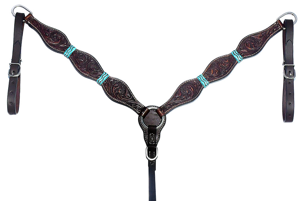 Bar H Equine Western Horse Genuine Leather Floral Design Breast Collar Dark Brown