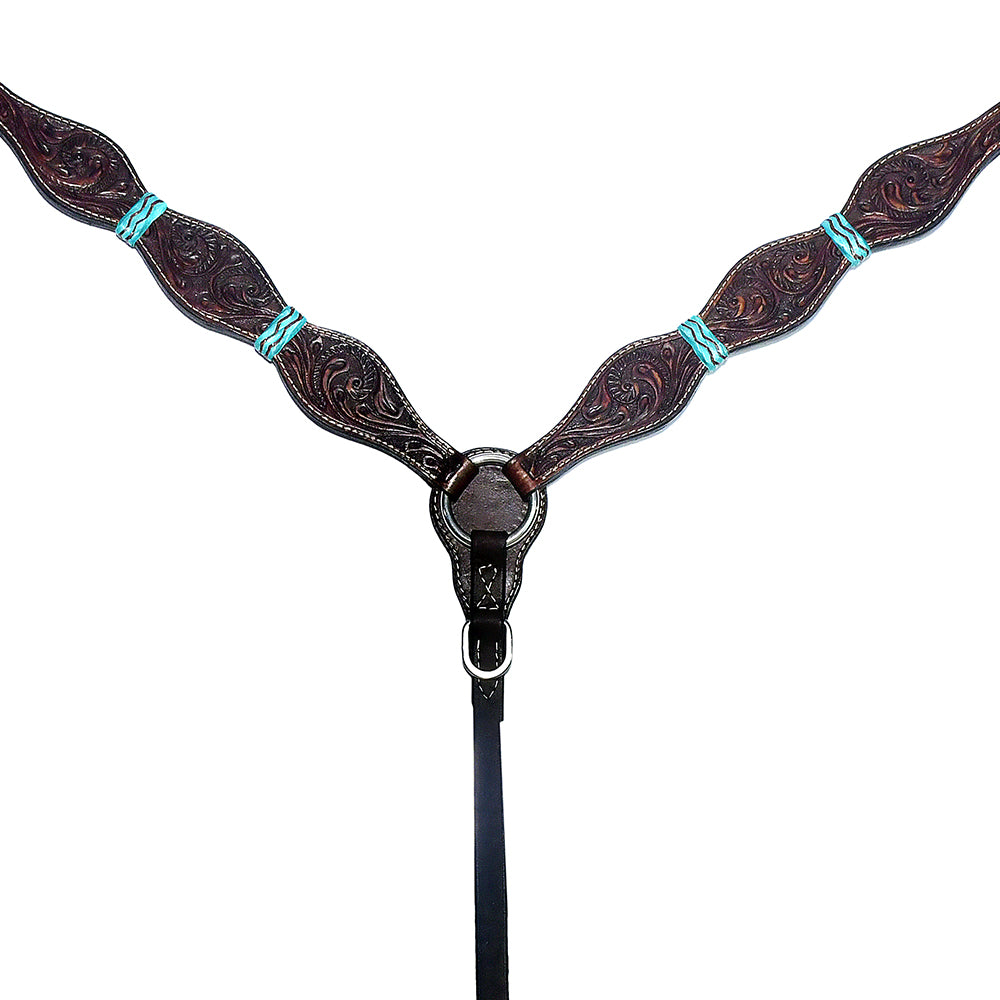 Bar H Equine Western Horse Genuine Leather Floral Design Breast Collar Dark Brown
