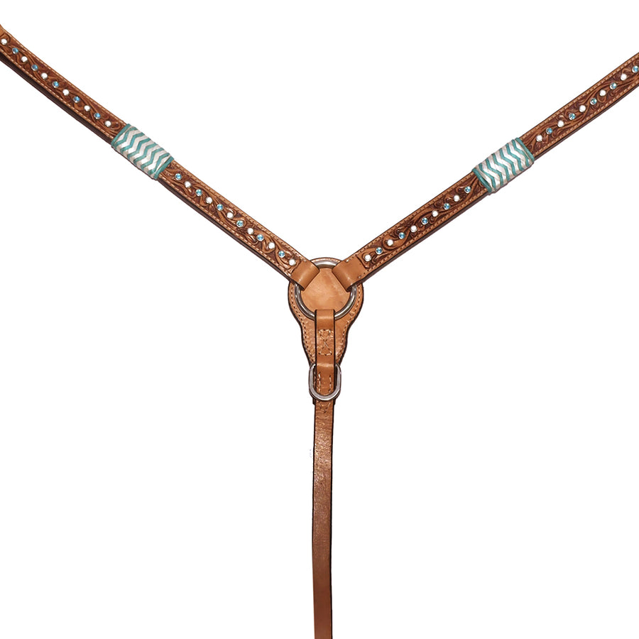 Brown leather breast collar with studded tooling and turquoise inlay - Uhorse