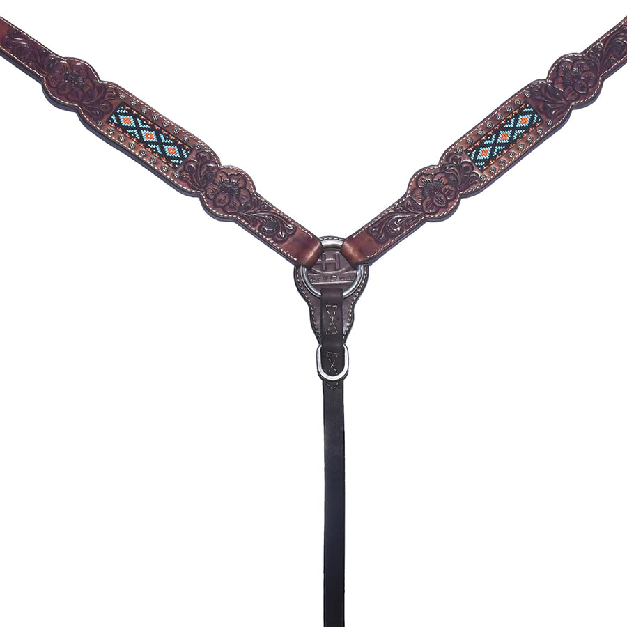 Brown leather western breast collar with tooled design and turquoise inlay - Bar H Equine