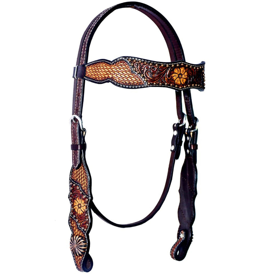 Leather headstall with tooled floral design and copper accents - Uhorse