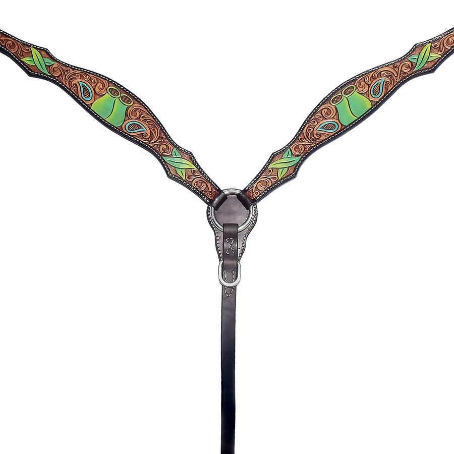 Leather breast collar with green and brown tooled design - Uhorse