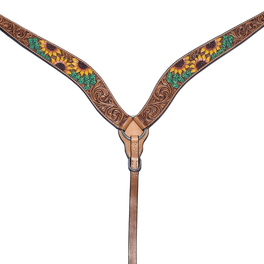 Brown leather breast collar with sunflower and turquoise tooling - Uhorse