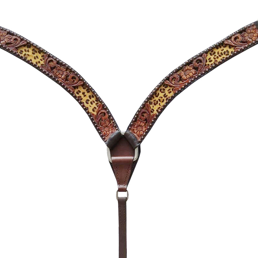 Brown leather breast collar with tooled and leopard print design - Uhorse